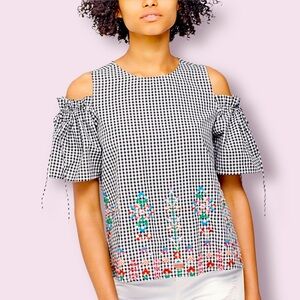 Stradivarius Checkered Cold Shoulder Embroidered Blouse Size S